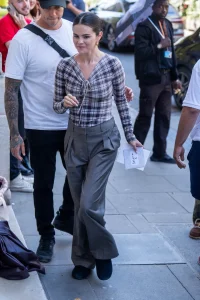Selena Gomez Plaid Top Meets the Fuller Scale of Pleated Grey Trousers