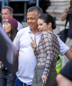 Selena Gomez Plaid Top Meets the Fuller Scale of Pleated Grey Trousers