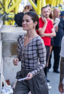Selena Gomez Plaid Top Meets the Fuller Scale of Pleated Grey Trousers