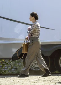 Selena Gomez Plaid Top Meets the Fuller Scale of Pleated Grey Trousers