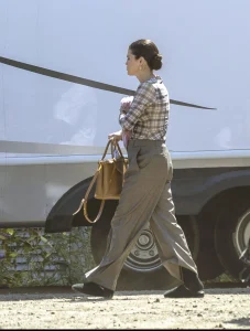 Selena Gomez Plaid Top Meets the Fuller Scale of Pleated Grey Trousers