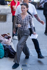 Selena Gomez Plaid Top Meets the Fuller Scale of Pleated Grey Trousers