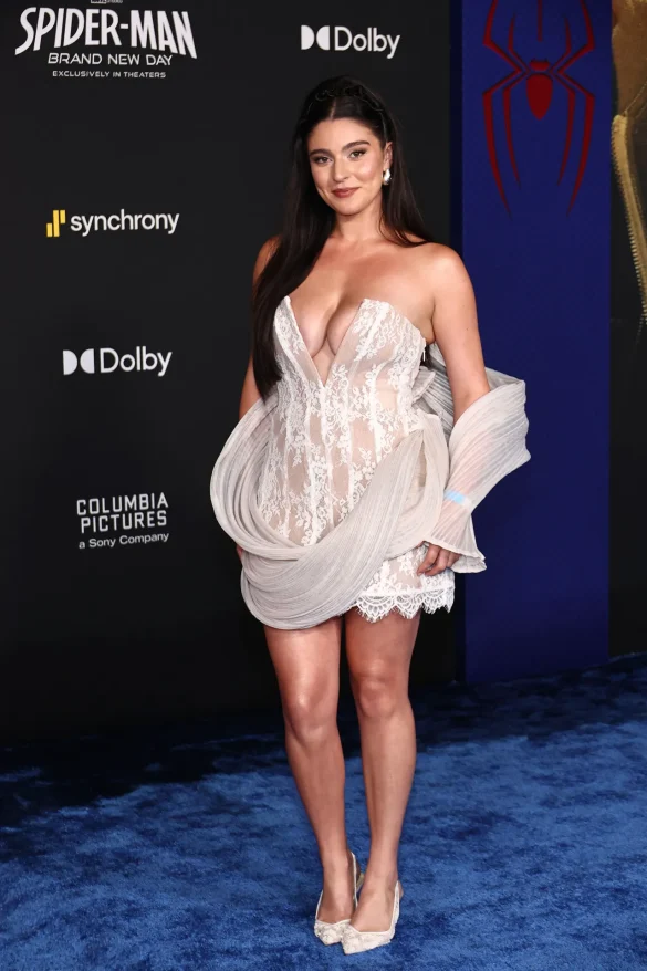 Taya Miller in a White Lace Mini Dress at the Spider-Man: Brand New Day World Premiere