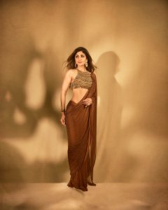 Shilpa Shetty Kundra’s chocolate brown sari came with a necklace built into the blouse