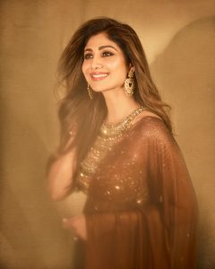 Shilpa Shetty Kundra’s chocolate brown sari came with a necklace built into the blouse